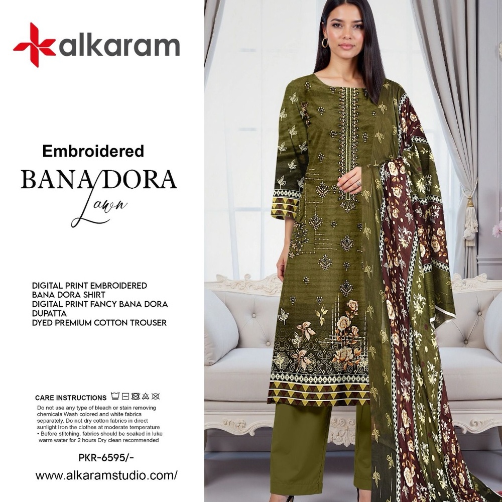 Pakistani designer Lawn Ladies shalwar kameez Alkaram Green Embroidered Lawn Sha